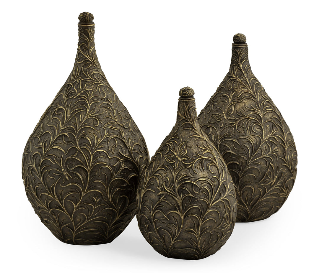 Curated Collection - Set of Three Antique Light Black Brass Vases with Swirl & Butterfly Carvings