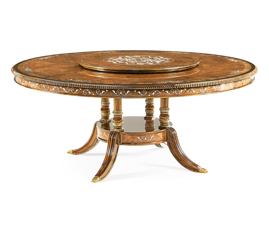 70" Burl & mother of pearl round 70 3/4" dining table