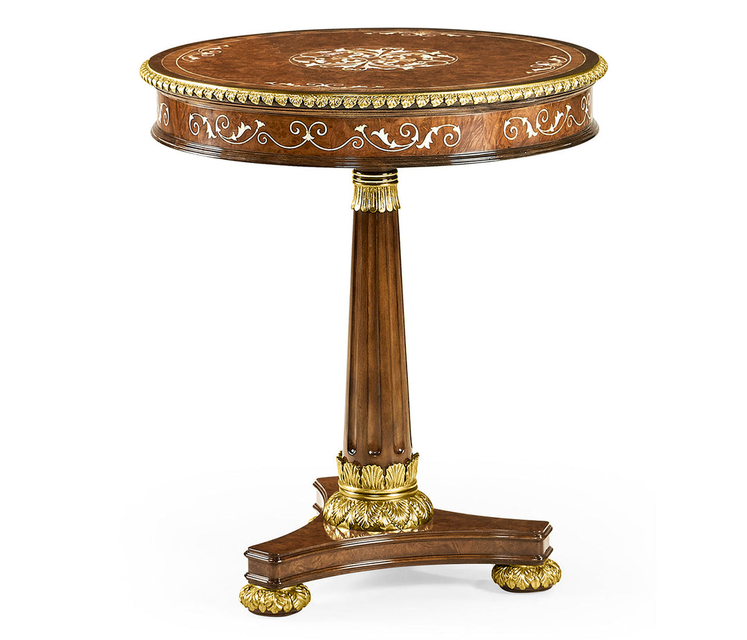 Burl & mother of pearl inlaid round side table