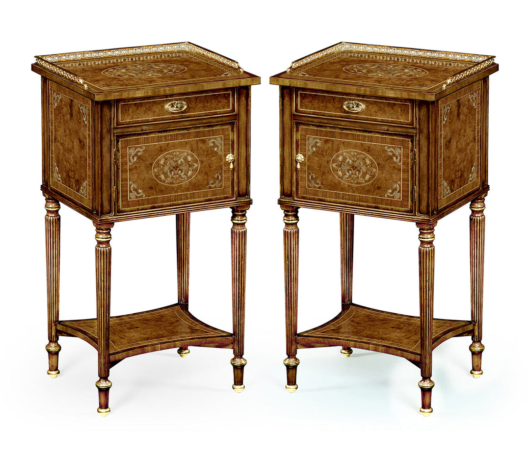 Pair of Burl & Mother of Pearl Bedside Cabinets with Undertier