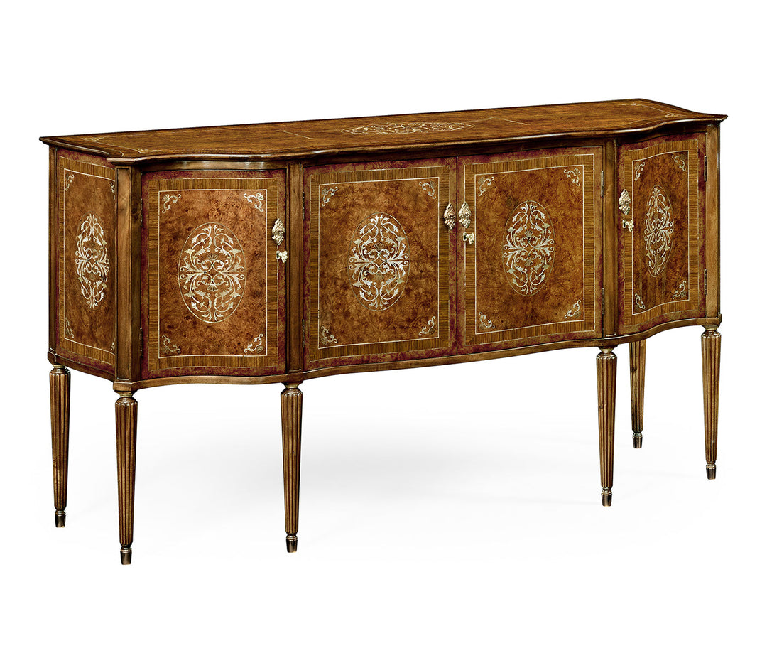 Burl and mother of pearl inlaid serpentine sideboard