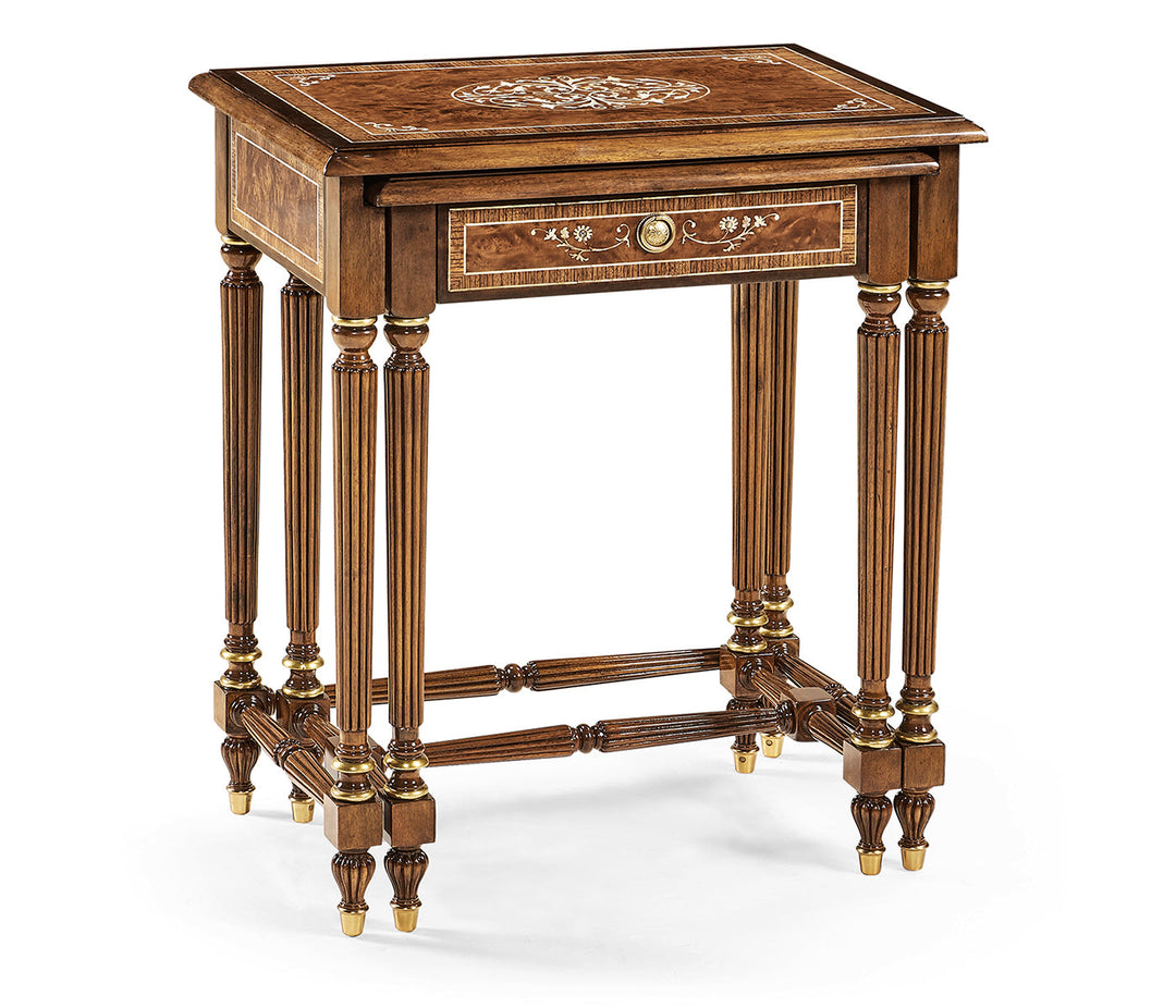 Burl and mother of pearl inlaid nest of two tables with carved legs