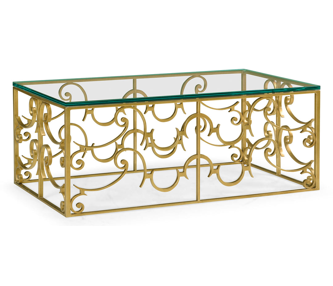 JC Modern - Luxe Collection - Rectangular Arabesque Gilded Iron Coffee Table with 20mm Clear Glass Top