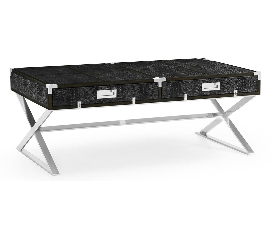 JC Modern - Campaign Collection - Campaign Style Dark Santos Rosewood & Faux Black Croc Leather Coffee Table with Drawers