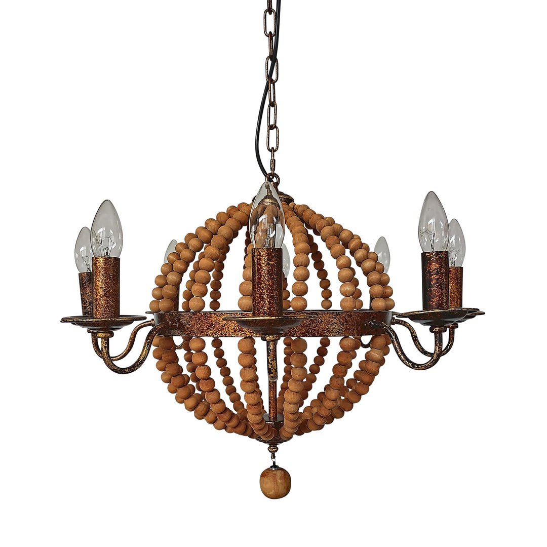 WOOD BEAD 8 LIGHT CHANDELIER, BROWN