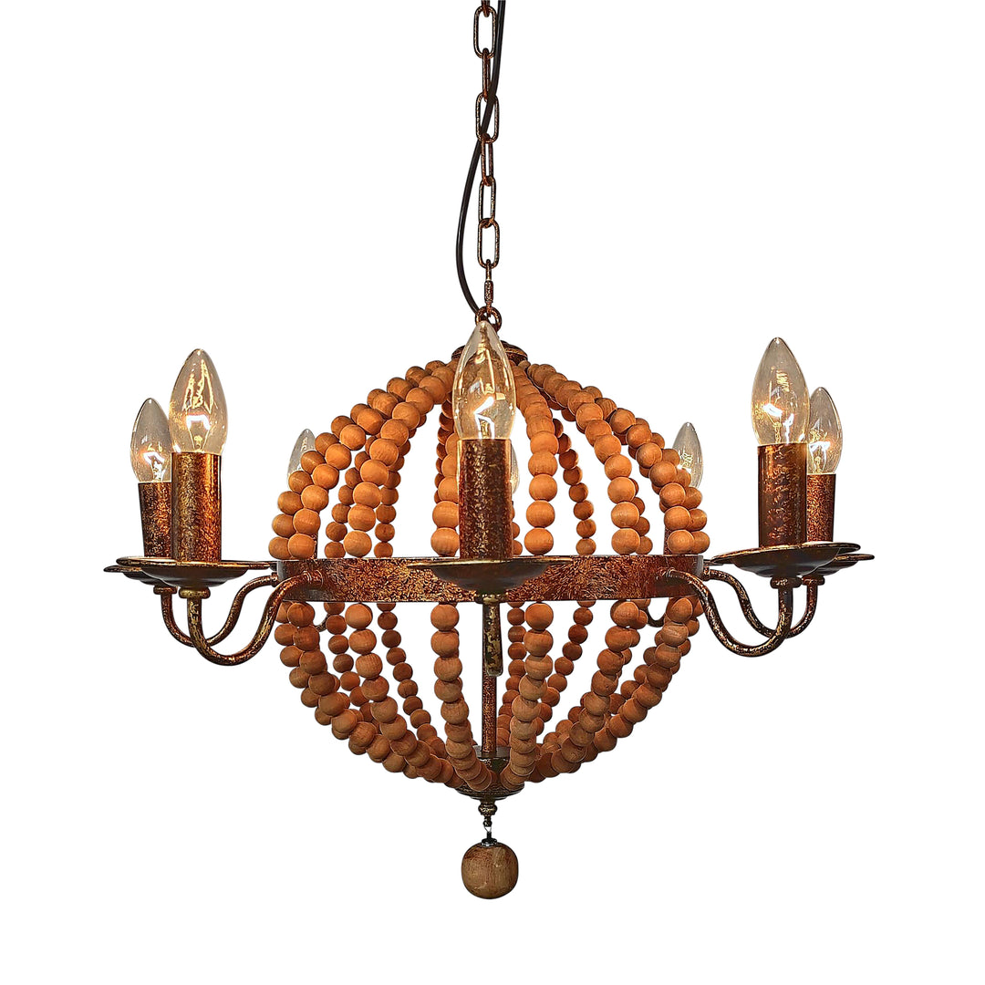 WOOD BEAD 8 LIGHT CHANDELIER, BROWN