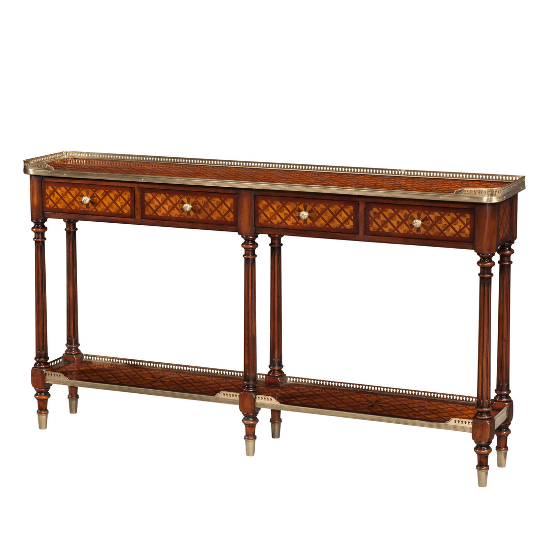 TA Originals - Burl Lattice Parquetry, Brass Mounted Console Table