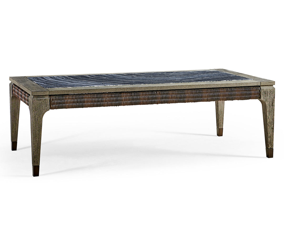 JC Outdoor - Hampton Collection - Rectangular Grey & Rattan Coffee Table with a Black Marble Top