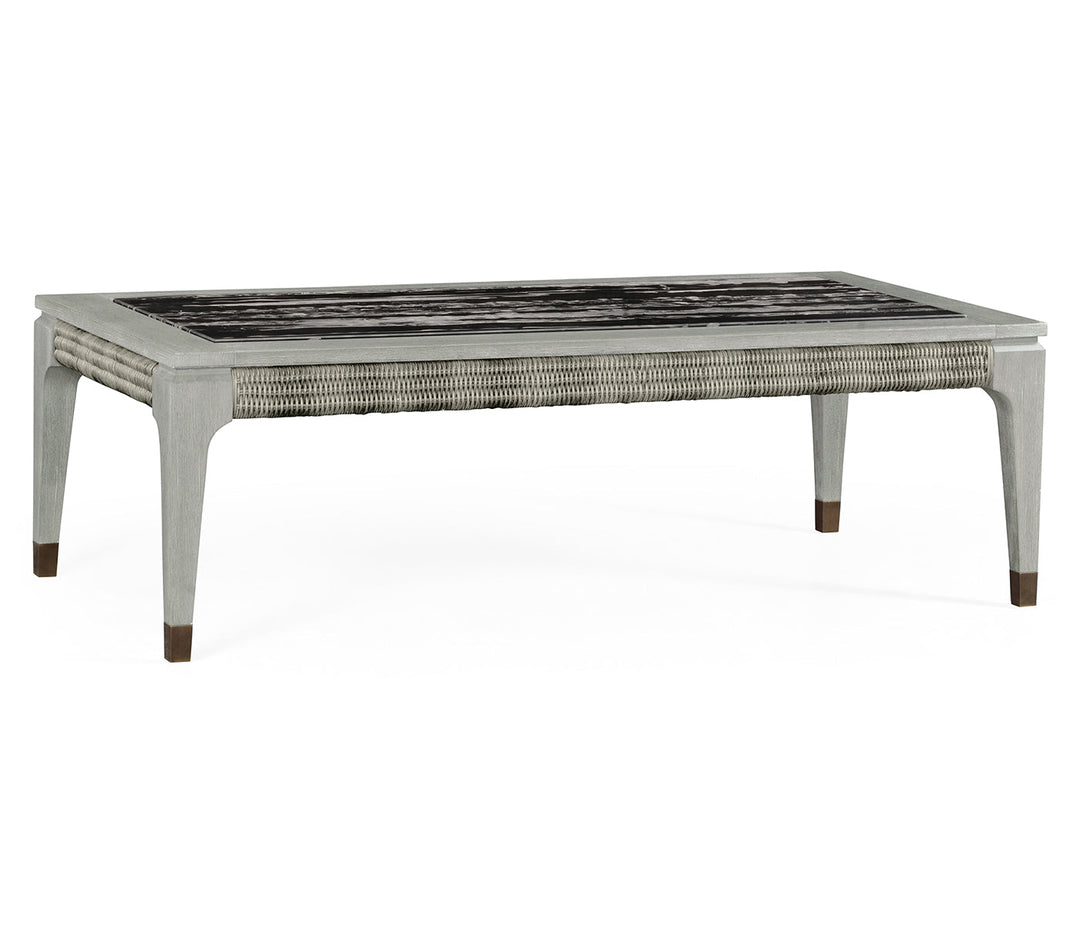 JC Outdoor - Hampton Collection - Rectangular Cloudy Grey & Rattan Coffee Table with a Black Marble Top