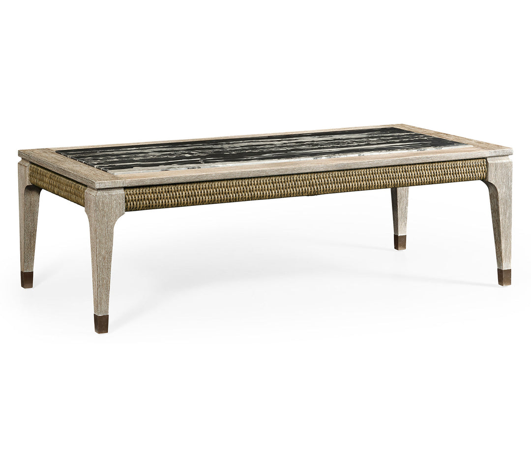 JC Outdoor - Hampton Collection - Rectangular Navajo Sand & Rattan Coffee Table with a Black Marble Top