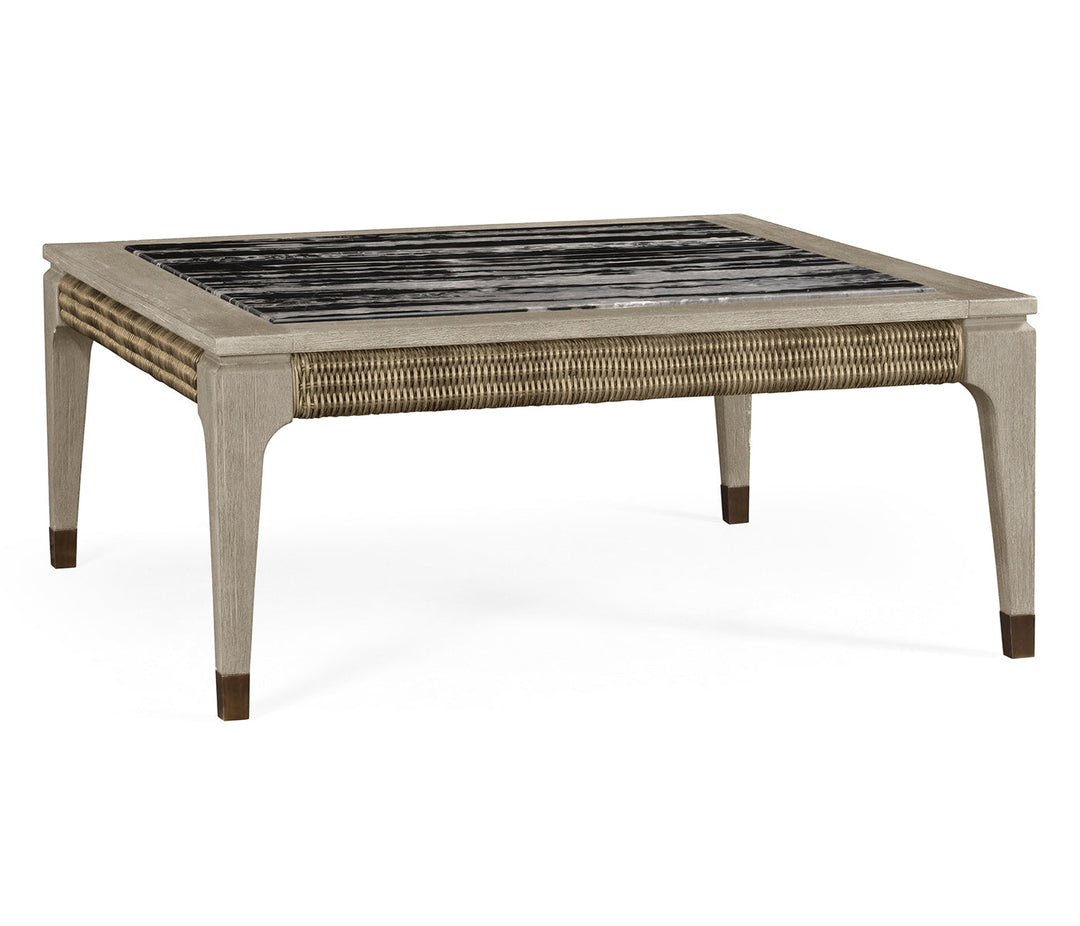 JC Outdoor - Hampton Collection - Square Navajo Sand & Rattan Coffee Table with a Black Marble Top