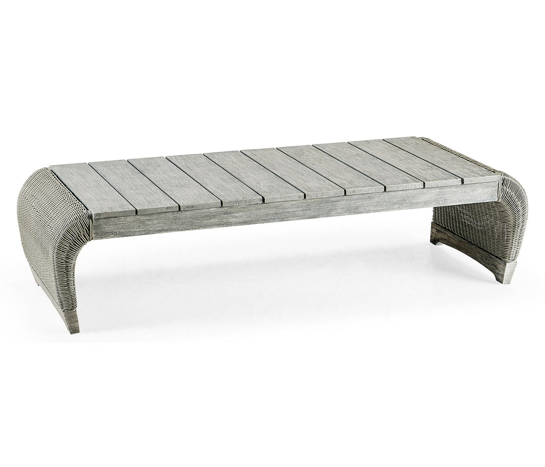 JC Outdoor - Hampton Collection - Rectangular Cloudy Grey & Rattan Cocktail Table with Curved Ends