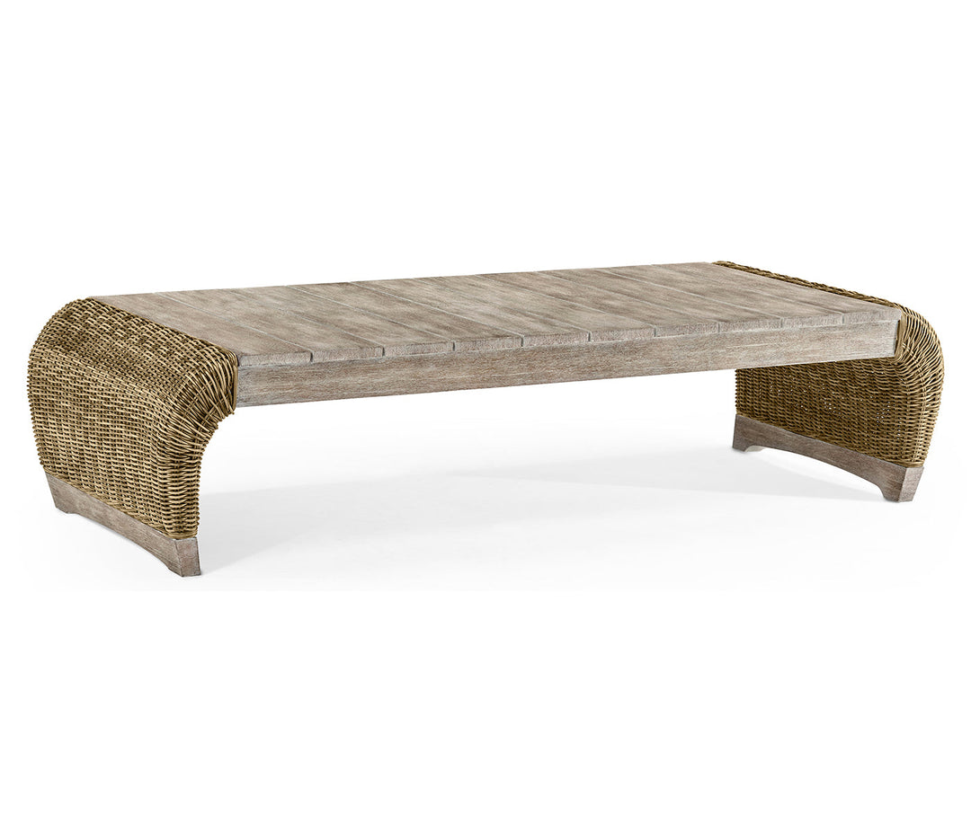 JC Outdoor - Hampton Collection - Rectangular Navajo Sand & Rattan Cocktail Table with Curved Ends