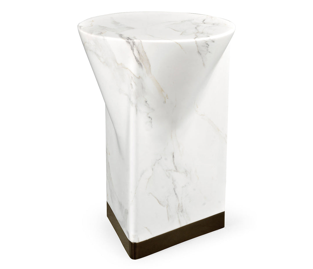 JC Outdoor - Biscayne Collection - Round to L-Shape Faux White & Grey Marble End Table