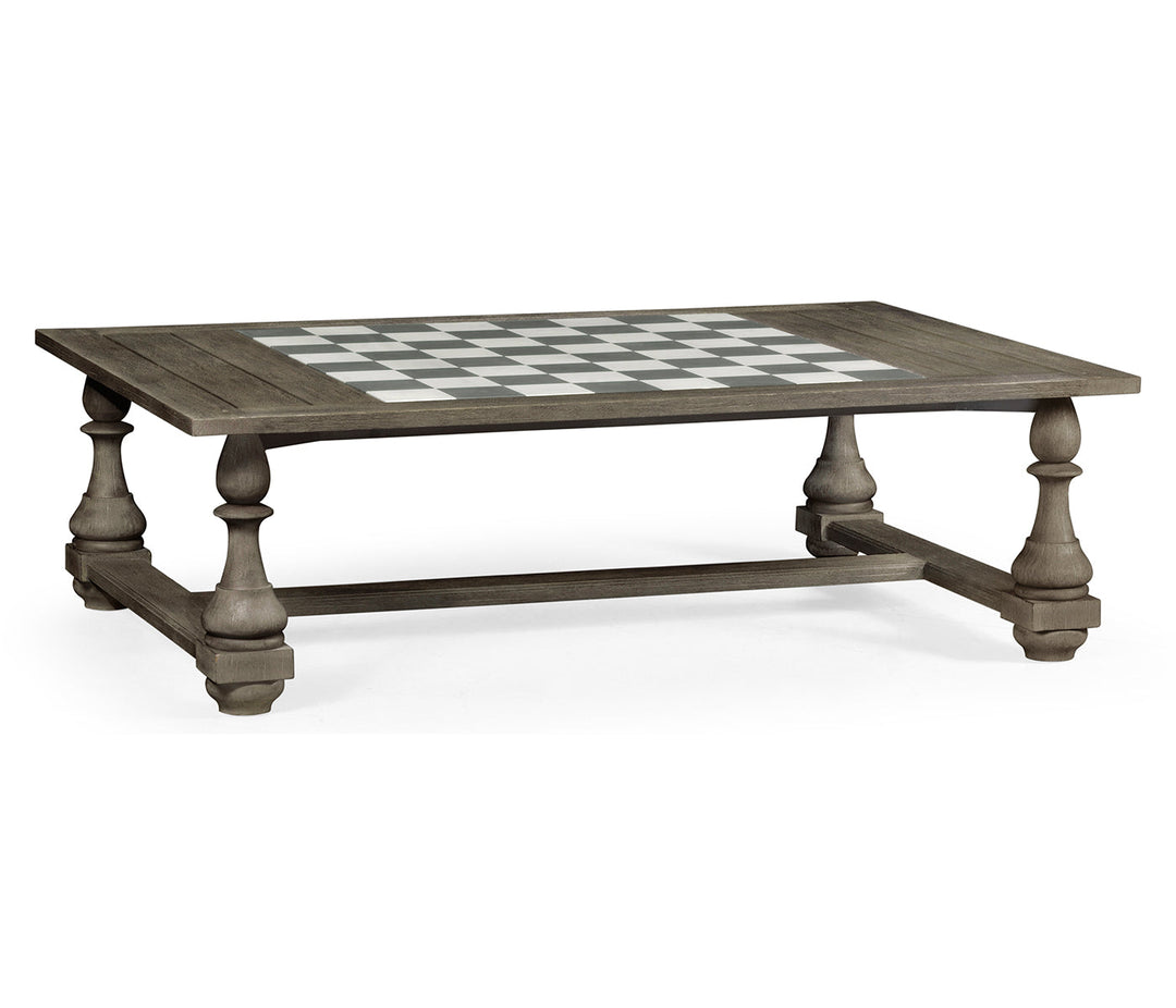 JC Outdoor - Hampton Collection - Rectangular Grey Games Coffee Table with Faux Marble Top and Chess & Checker Pieces