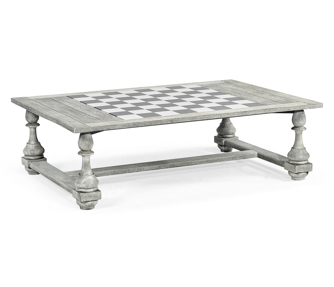 JC Outdoor - Hampton Collection - Rectangular Cloudy Grey Games Coffee Table with Faux Marble Top and Chess & Checker Pieces