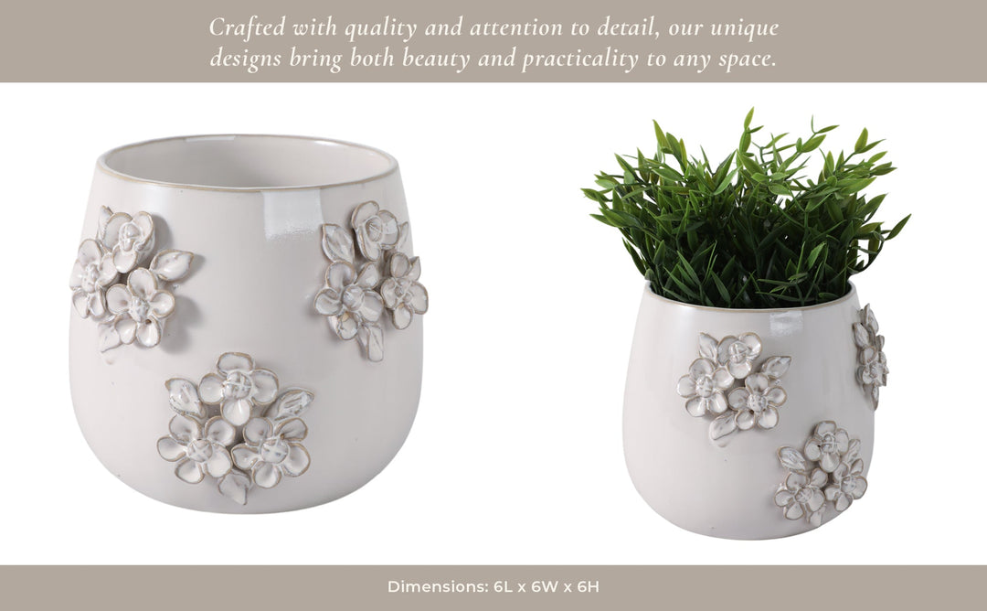 6" FLOWER BUNCHES APPLIQUE PLANTER, IVORY