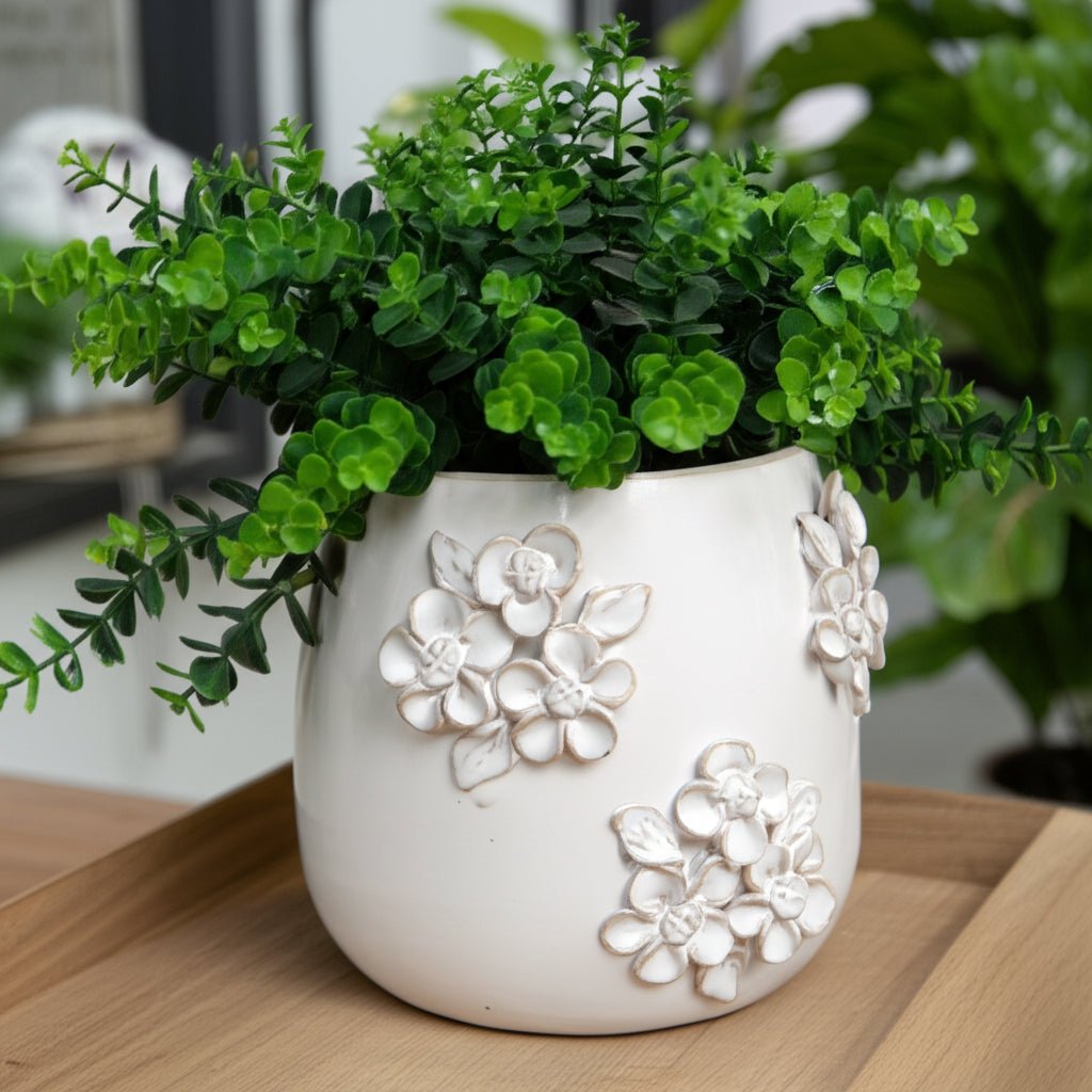 6" FLOWER BUNCHES APPLIQUE PLANTER, IVORY