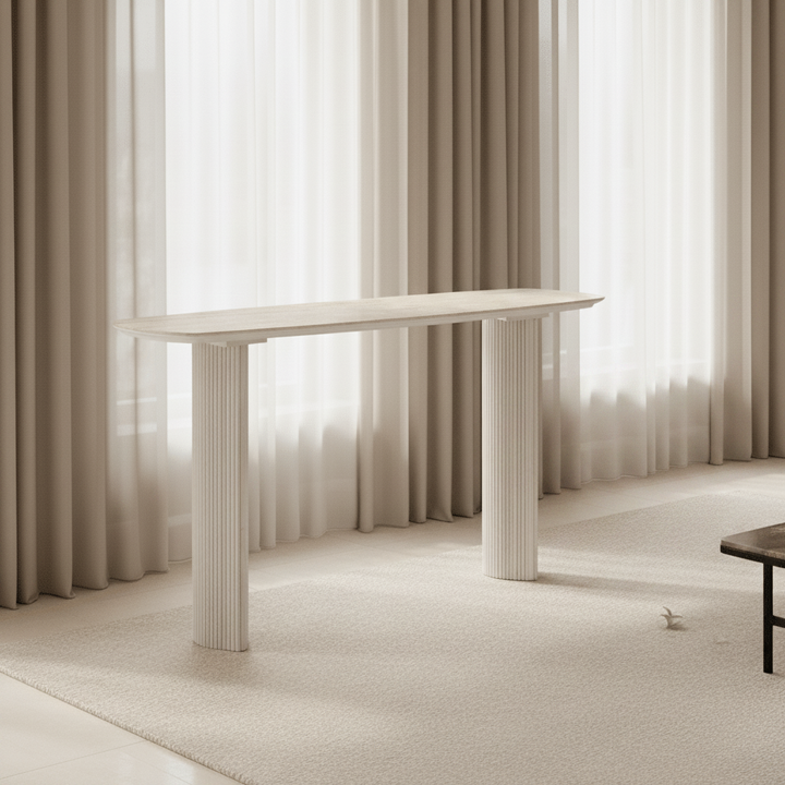 60"catalina Travertine&fluted Wood Console Tble/kd