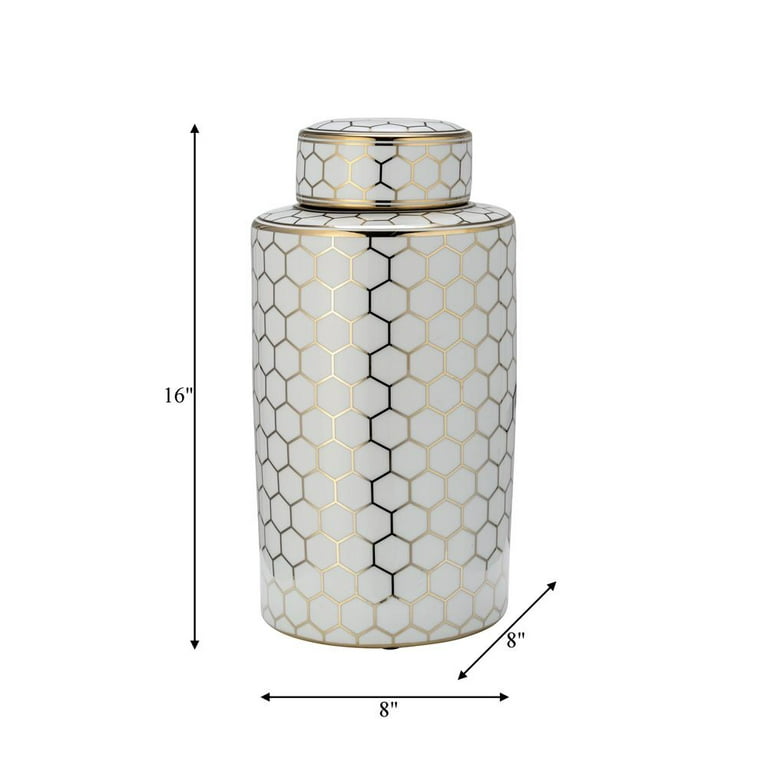 CER, 16" HONEYCOMB JAR W/ LID, GOLD