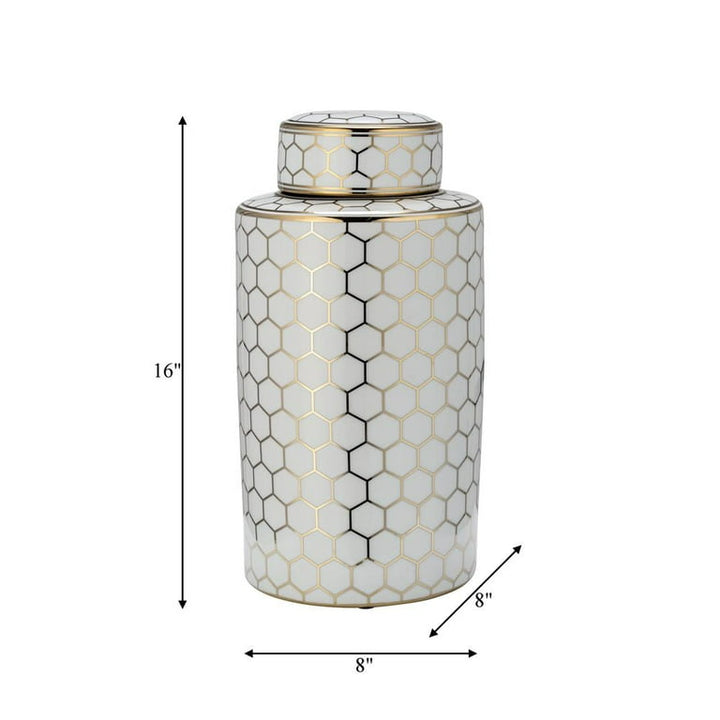 CER, 16" HONEYCOMB JAR W/ LID, GOLD