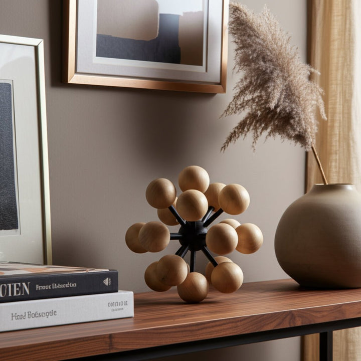 7" ORB WITH WOODEN KNOBS, BLACK/NATURAL