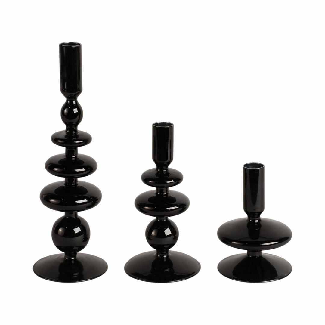 7" VINTAGE GLASS TAPER CANDLE HOLDER, BLACK