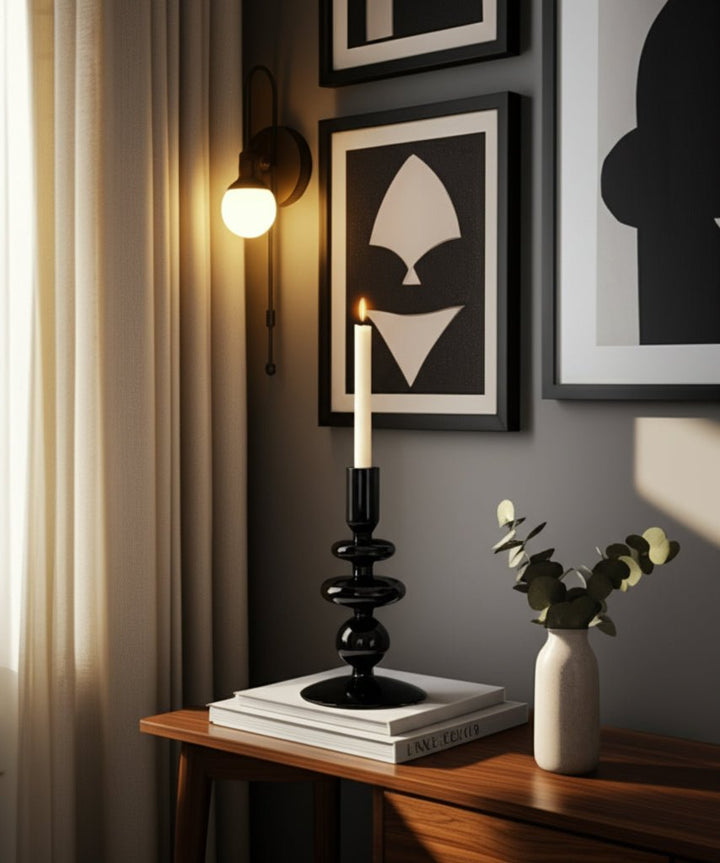 7" VINTAGE GLASS TAPER CANDLE HOLDER, BLACK