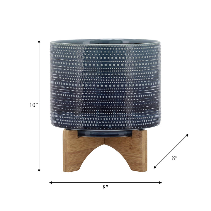 8" DOTTED PLANTER W/ WOOD STAND, BLUE
