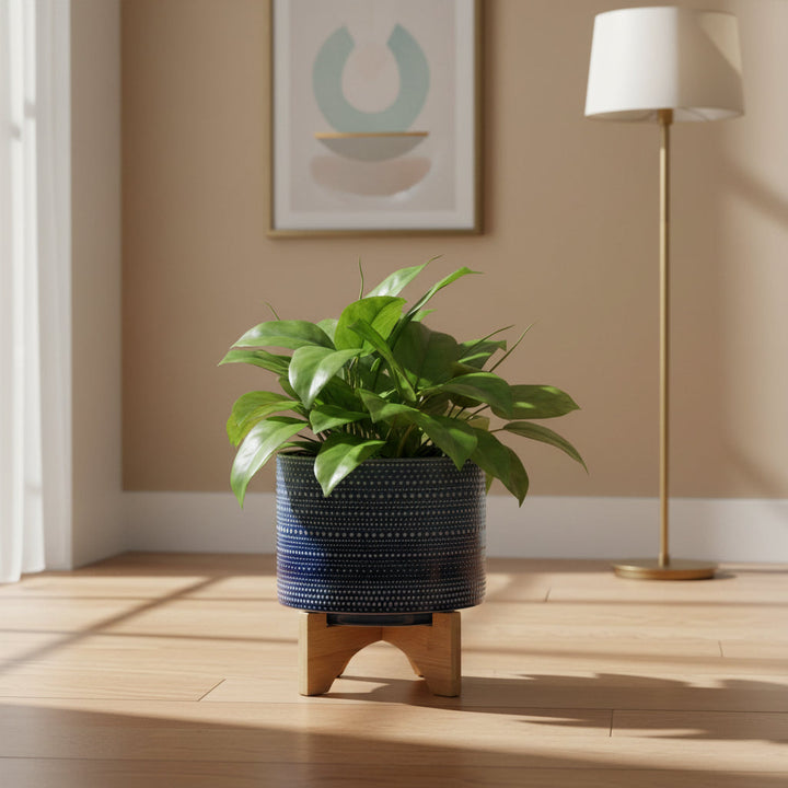 8" DOTTED PLANTER W/ WOOD STAND, BLUE