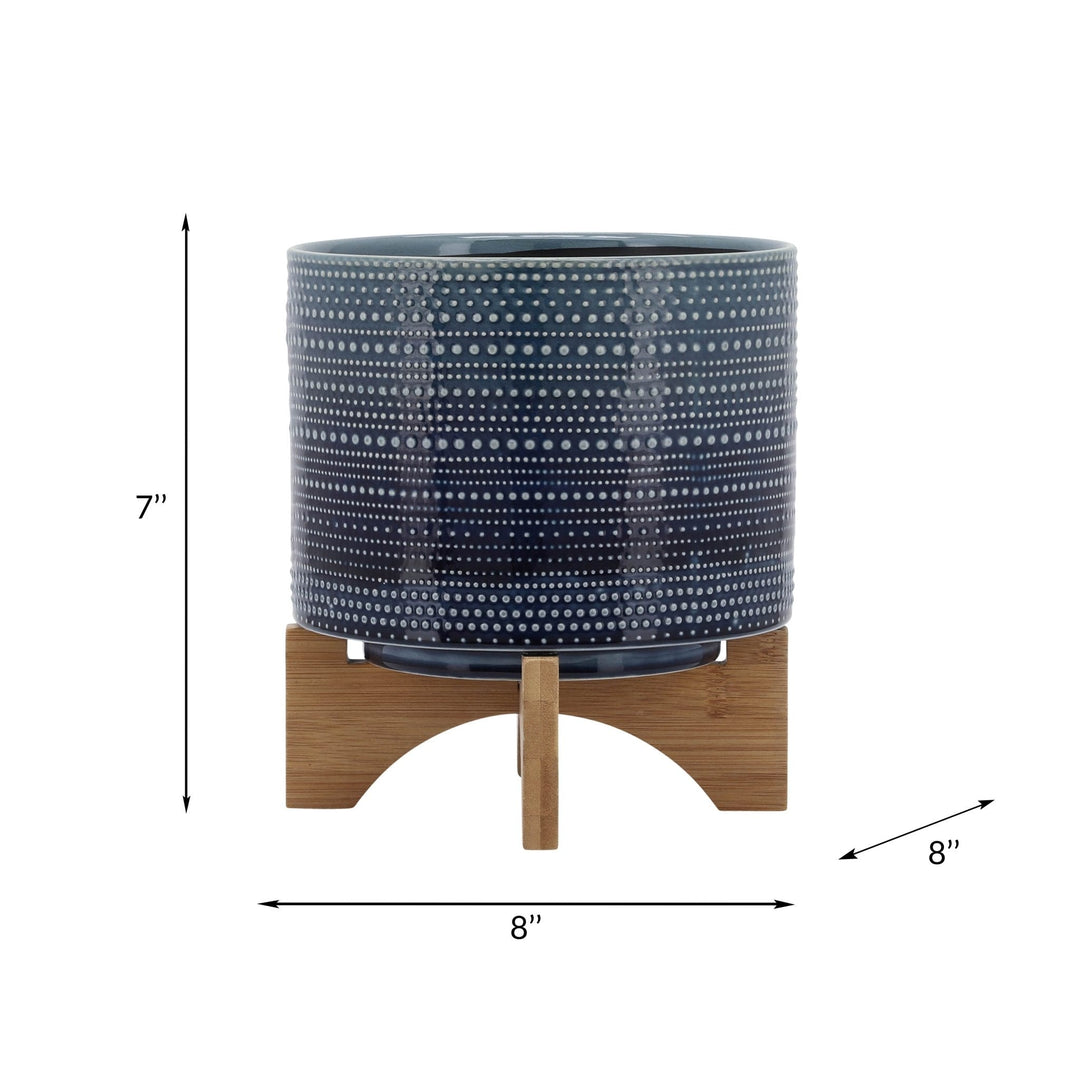 8" DOTTED PLANTER W/ WOOD STAND, BLUE