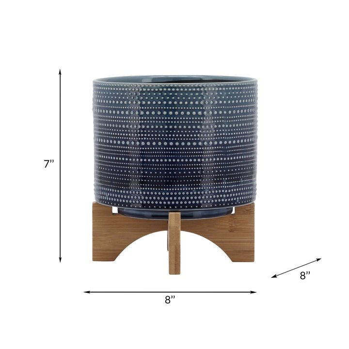 8" DOTTED PLANTER W/ WOOD STAND, BLUE