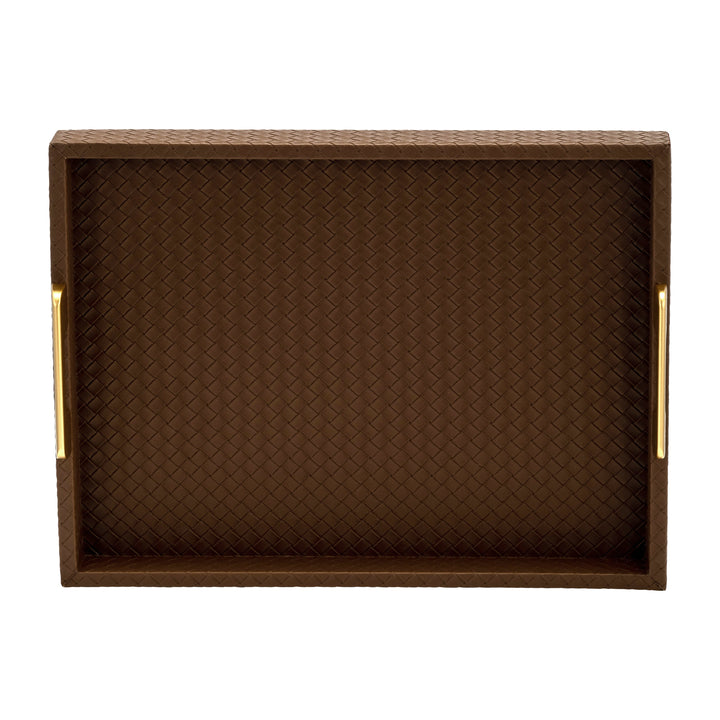 S/2 16/18"L FAUX LEATHER WEAVE TRAYS, COGNAC