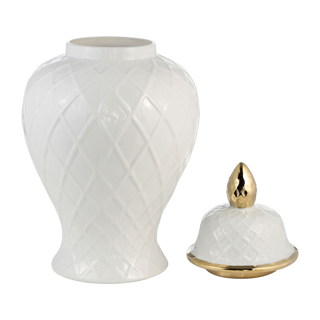 CER, 20"H ROPE TEMPLE JAR, WHITE/GOLD