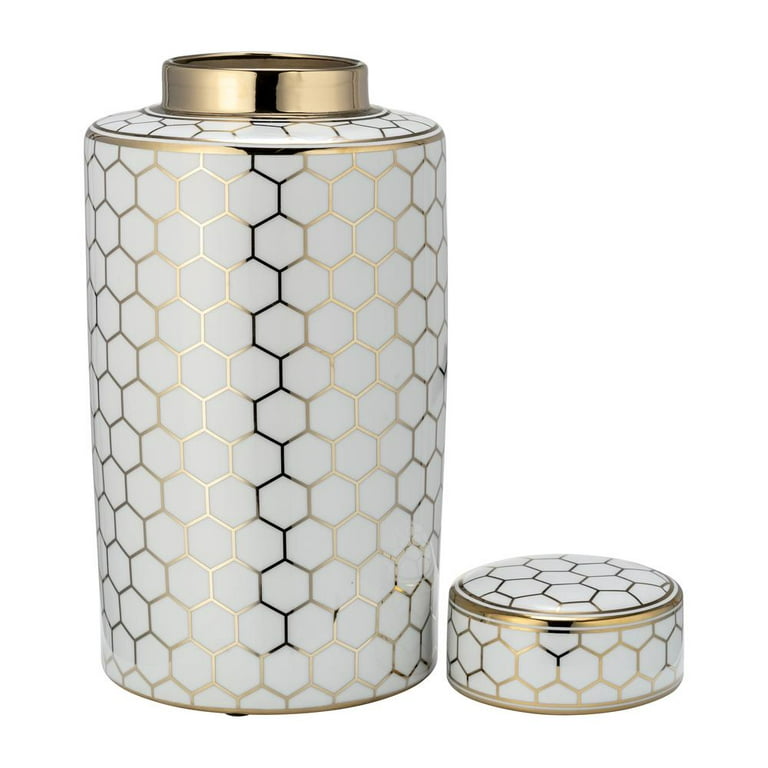 CER, 16" HONEYCOMB JAR W/ LID, GOLD