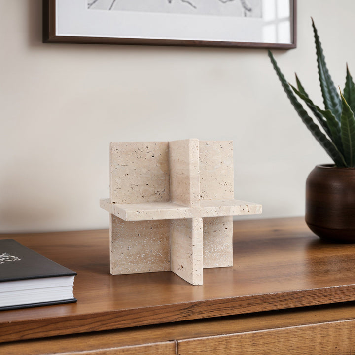 8X8" TRAVERTINE GEO OBJECT, TAN