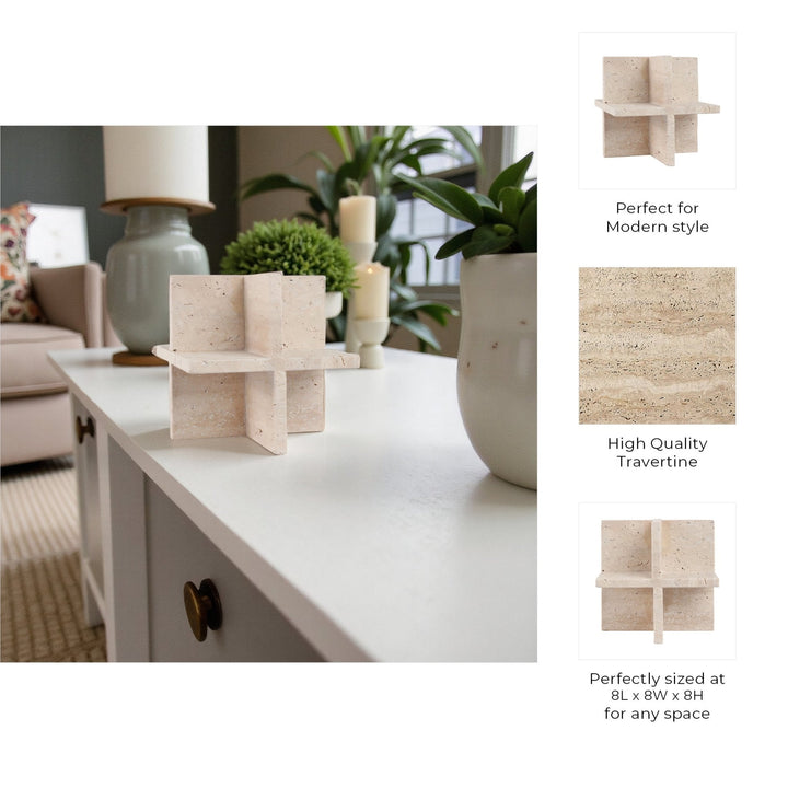 8X8" TRAVERTINE GEO OBJECT, TAN