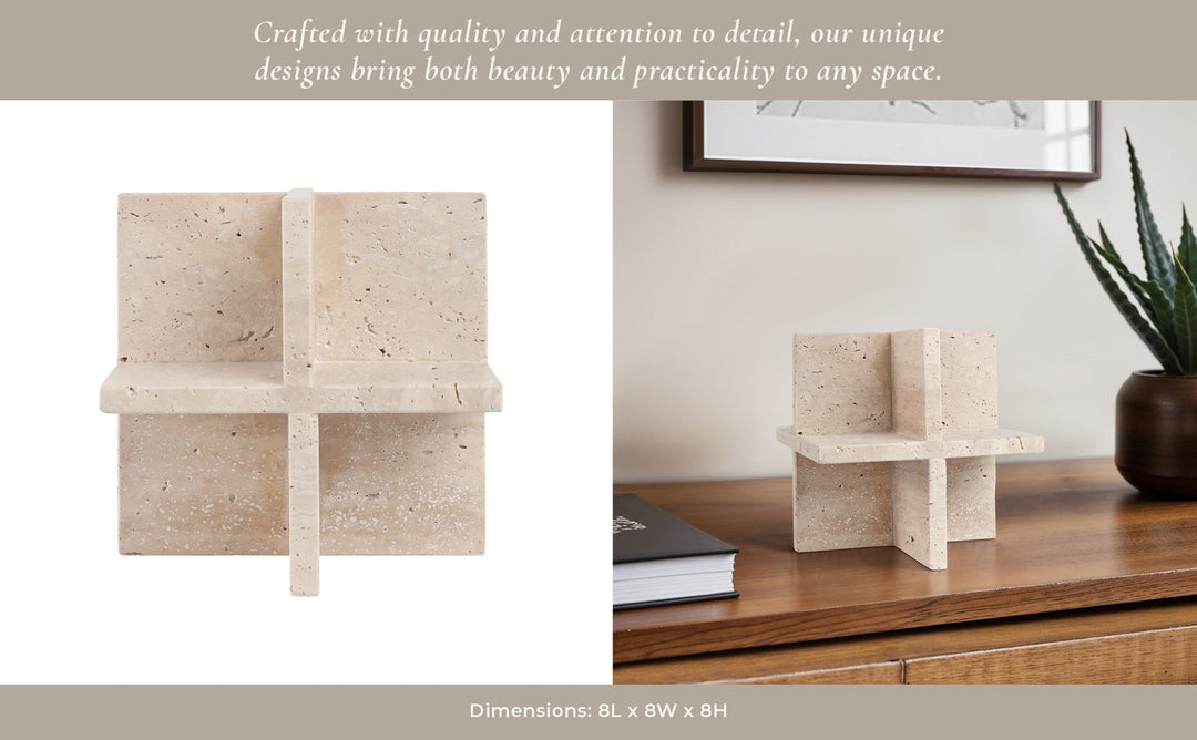 8X8" TRAVERTINE GEO OBJECT, TAN