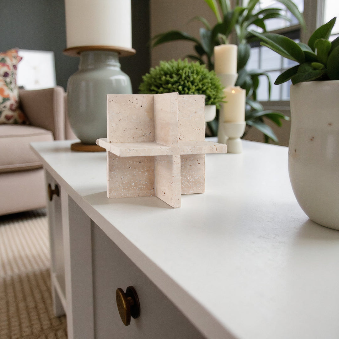 8X8" TRAVERTINE GEO OBJECT, TAN