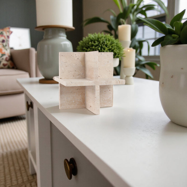 8X8" TRAVERTINE GEO OBJECT, TAN