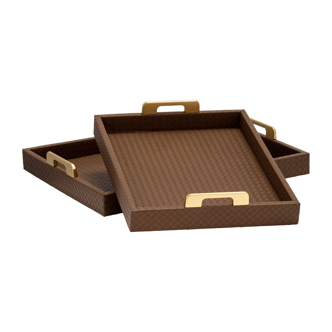 S/2 16/18"L FAUX LEATHER WEAVE TRAYS, COGNAC