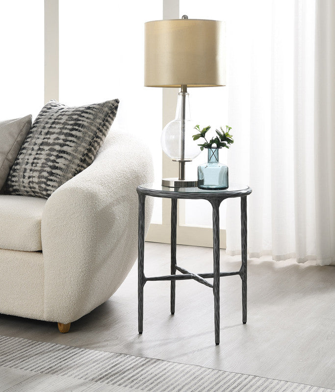 Round Silver End Table with Glass Top