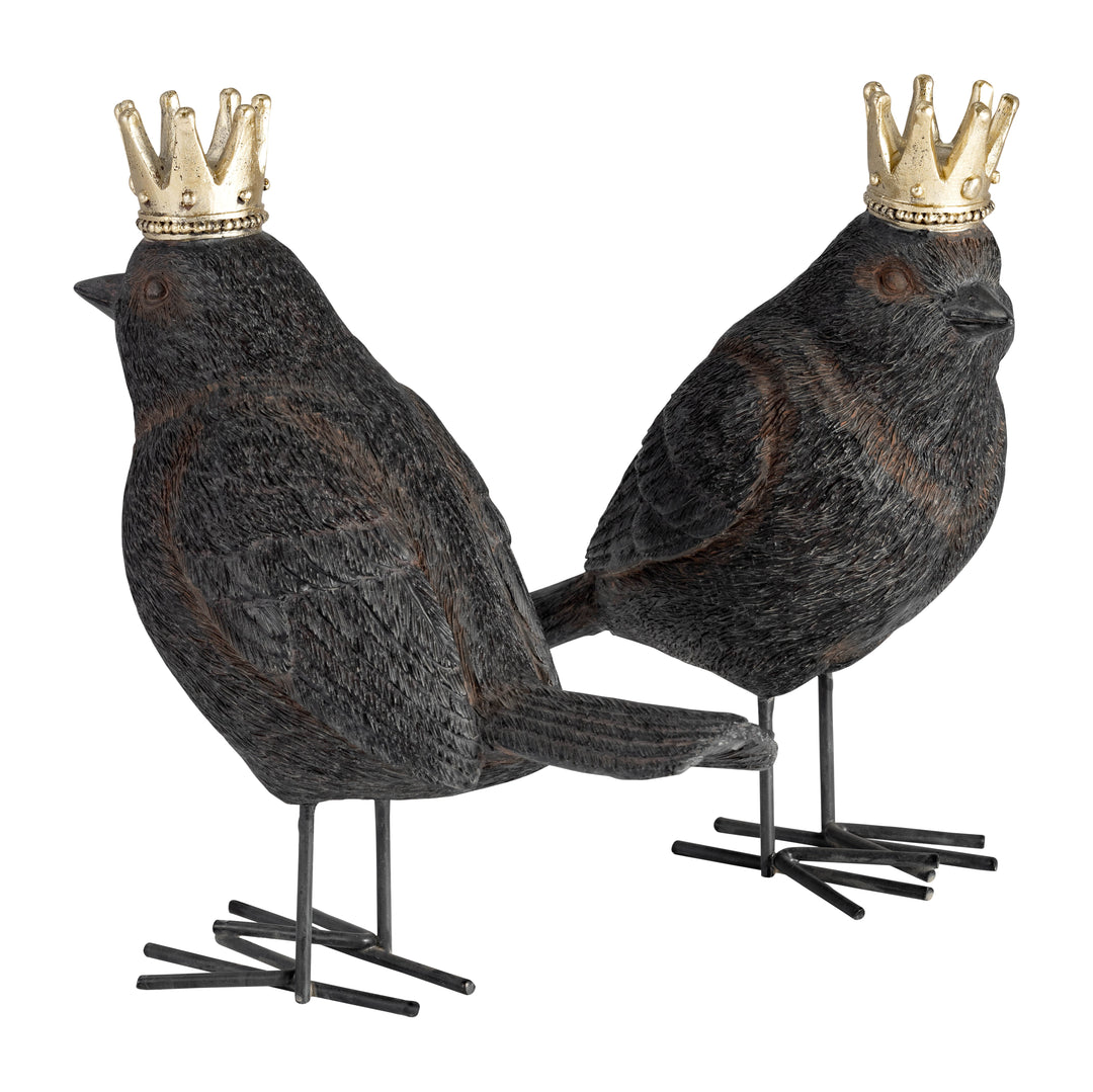 S/2 POLYRESIN BIRDS W/ CROWN, RUST/GOLD