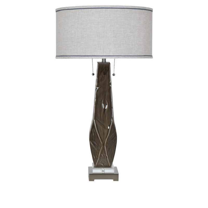 Taylor Table Lamp  31.5''Ht.,Ceramic & Metal & Crystal  Dark Grey Ceramic & Brushed Nickel & Crystal Finish  18 x 18 x 9 Grey Linen with Dark Trim Shade