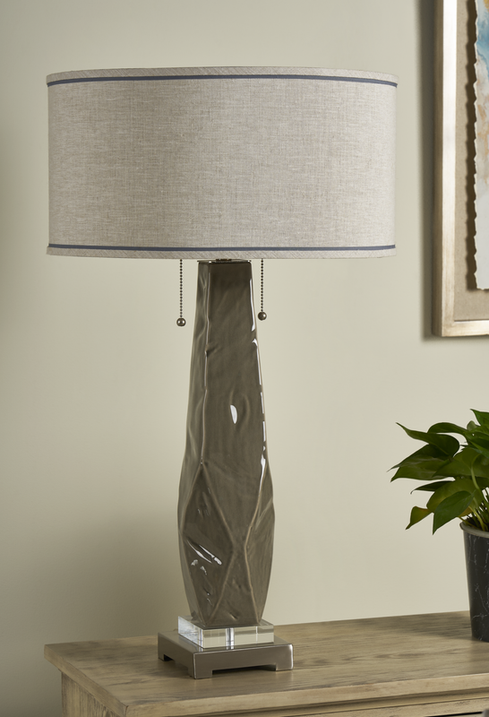 Taylor Table Lamp  31.5''Ht.,Ceramic & Metal & Crystal  Dark Grey Ceramic & Brushed Nickel & Crystal Finish  18 x 18 x 9 Grey Linen with Dark Trim Shade