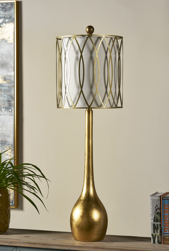 Carrington Table Lamp  39''Ht.,Resin  Gold Leaf Finish  Outer)12 x 12 x 13  Inner)1 x 1 x 12.5 off White Silk with Metal Frame Shade