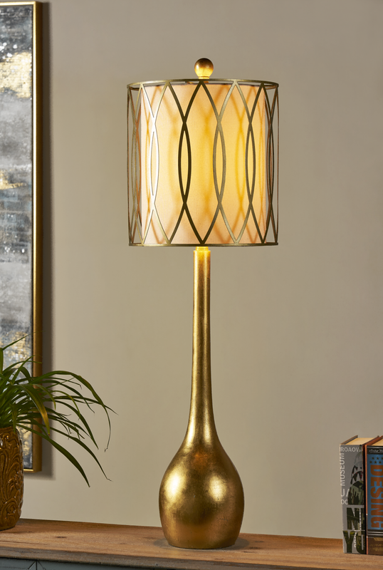 Carrington Table Lamp  39''Ht.,Resin  Gold Leaf Finish  Outer)12 x 12 x 13  Inner)1 x 1 x 12.5 off White Silk with Metal Frame Shade