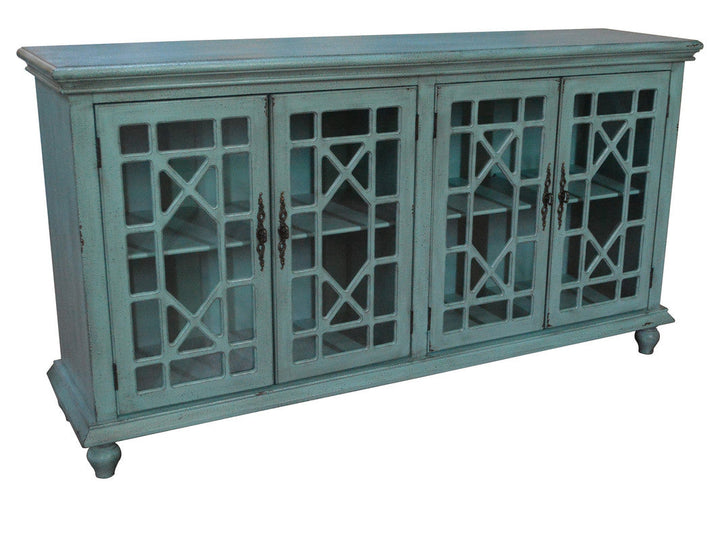 Mendenhall 4 Geometric Glass Door Textured Teal Sideboard