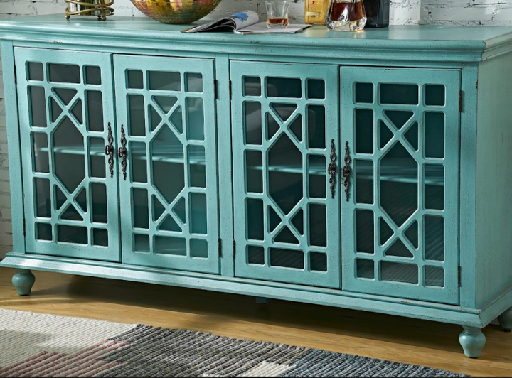 Mendenhall 4 Geometric Glass Door Textured Teal Sideboard