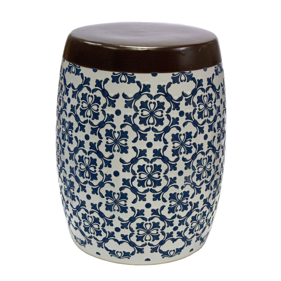 Ceramic Garden Stool, White/Blue/Brown